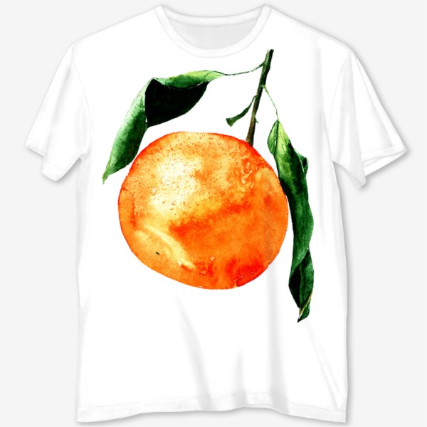 Футболка с полной запечаткой «мандарин с листиками. акварельный ботанический рисунок оранжевого мандарина с зелеными листьями новогодняя еда»