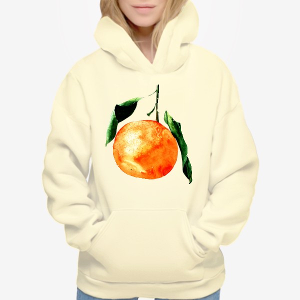 Худи «мандарин с листиками. акварельный ботанический рисунок оранжевого мандарина с зелеными листьями новогодняя еда»
