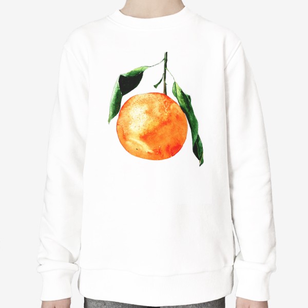 Свитшот «мандарин с листиками. акварельный ботанический рисунок оранжевого мандарина с зелеными листьями новогодняя еда»