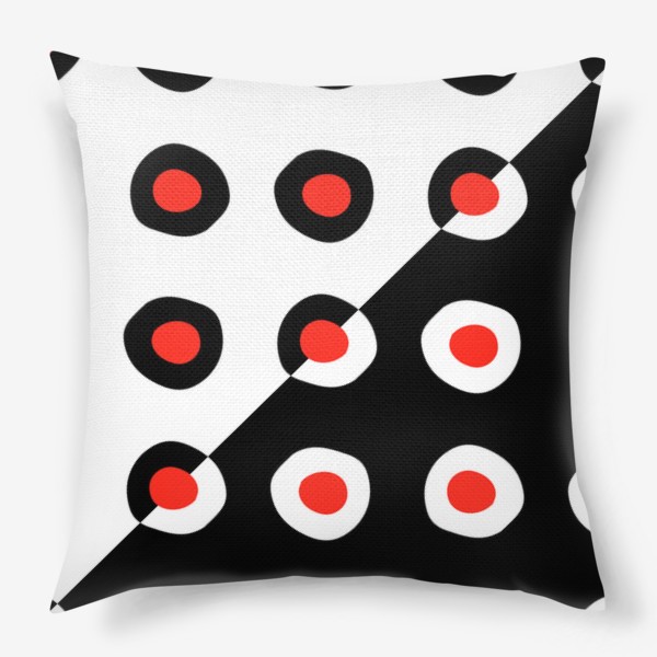 Подушка «узор из кругов красного цвета с черным и белым контуром, на черном и белом фоне, ретро паттерн »