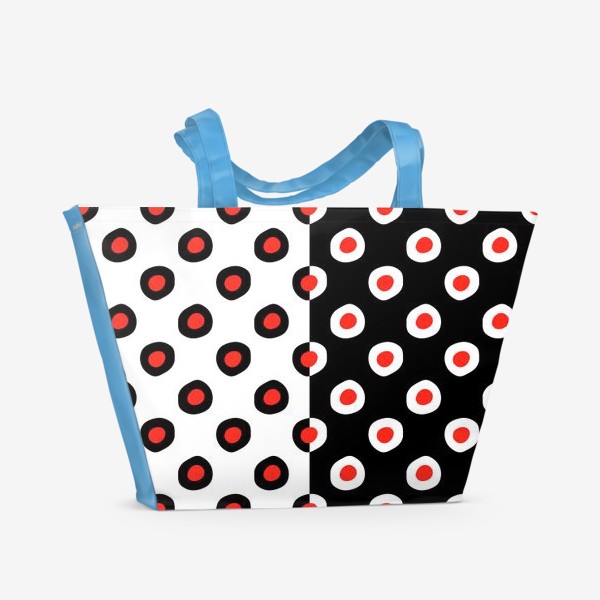 Пляжная сумка «узор из кругов красного цвета с черным и белым контуром, на черном и белом фоне, ретро паттерн »