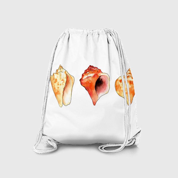 Рюкзак «три морские ракушки, акварельные оранжевые и красные цвета с черным контуром, спиральные раковины коллекция »