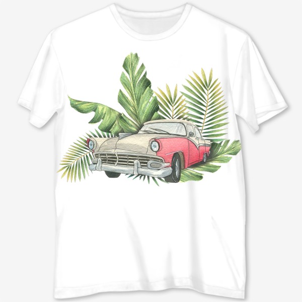 Футболка с полной запечаткой «Ретро автомобиль в листьях пальм»