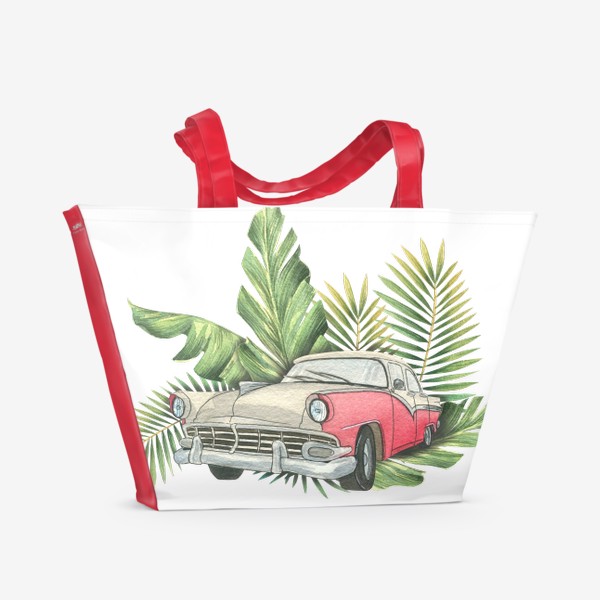 Пляжная сумка «Ретро автомобиль в листьях пальм»