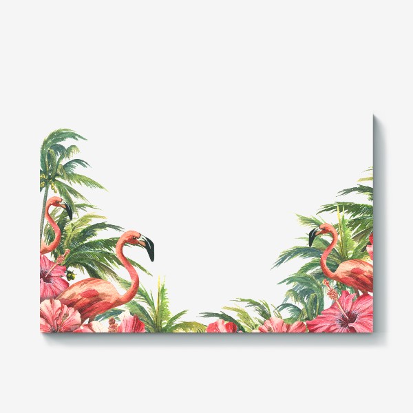 Холст «Розовые фламинго в кокосовых пальмах с цветами гибискуса»