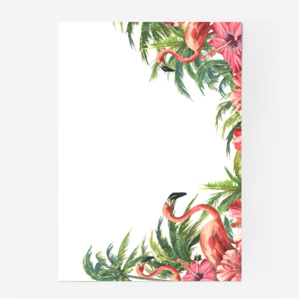 Постер «Розовые фламинго в кокосовых пальмах с цветами гибискуса»