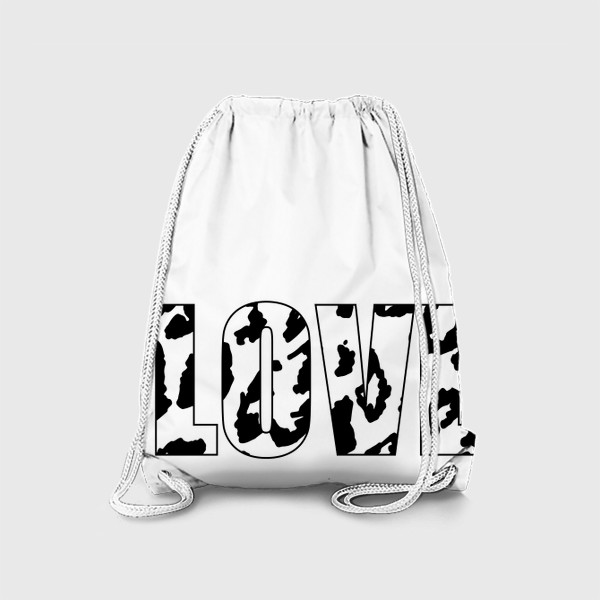 Рюкзак «надпись Любовь на английском, с текстурой неровных пятен леопарда. LOVE с черными неровными пятнами, разного размера »