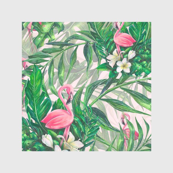 Скатерть «Тропический паттерн с розовым фламинго и цветами плюмерии»