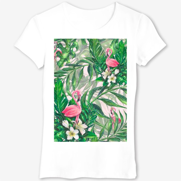 Футболка &laquo;Тропический паттерн с розовым фламинго и цветами плюмерии&raquo;
