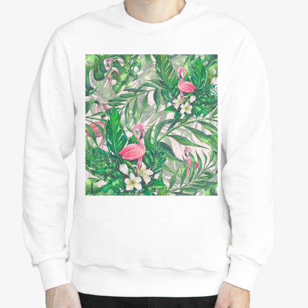 Свитшот &laquo;Тропический паттерн с розовым фламинго и цветами плюмерии&raquo;