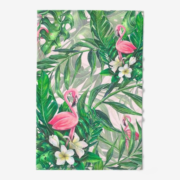 Полотенце «Тропический паттерн с розовым фламинго и цветами плюмерии»
