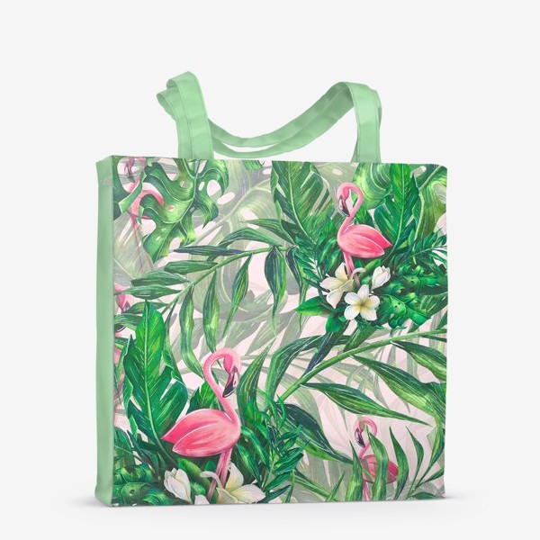 Сумка-шоппер &laquo;Тропический паттерн с розовым фламинго и цветами плюмерии&raquo;