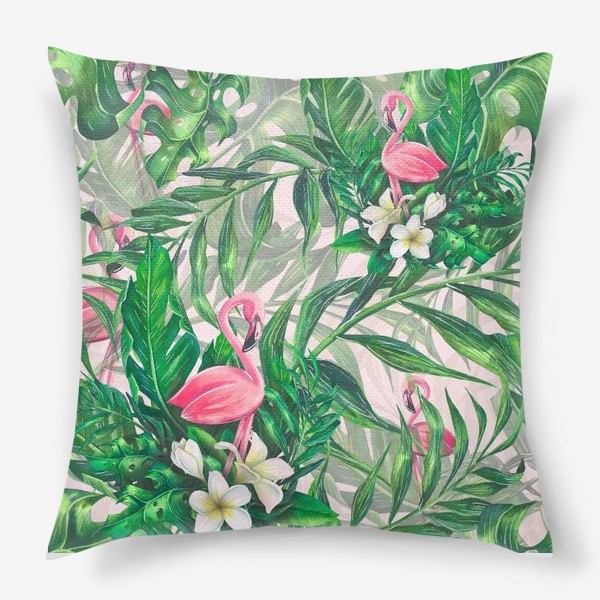 Подушка «Тропический паттерн с розовым фламинго и цветами плюмерии»