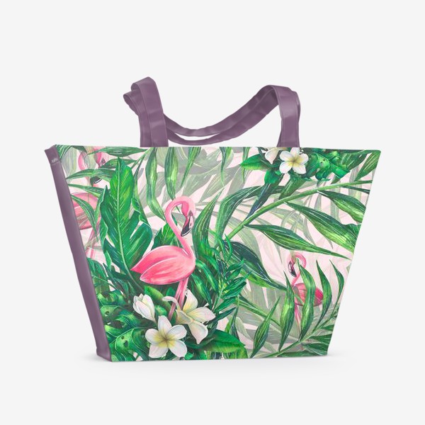 Пляжная сумка «Тропический паттерн с розовым фламинго и цветами плюмерии»