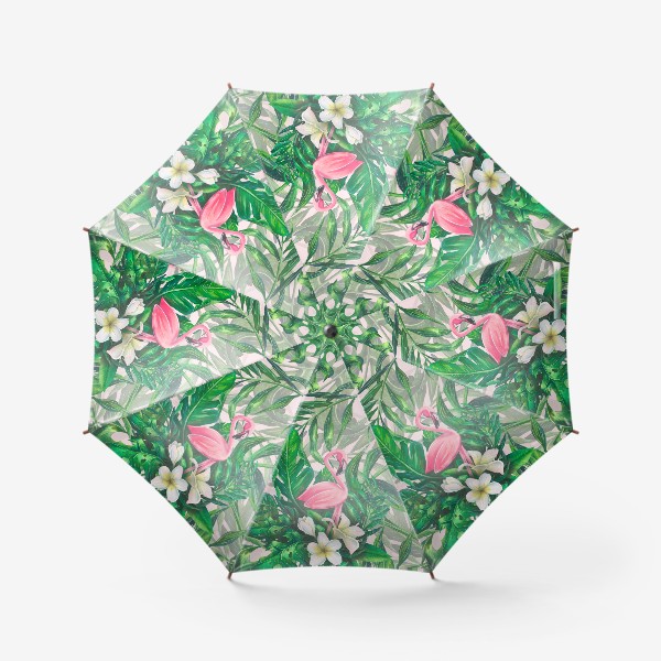 Зонт &laquo;Тропический паттерн с розовым фламинго и цветами плюмерии&raquo;