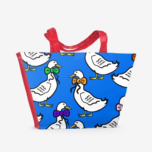 Пляжная сумка «Узор гуси на голубом синем фоне с бабочками»