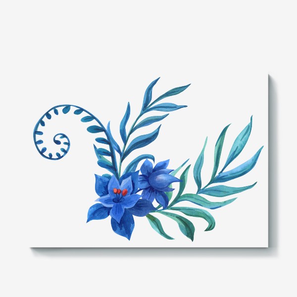 Холст «Голубые цветы и тропические ветви»
