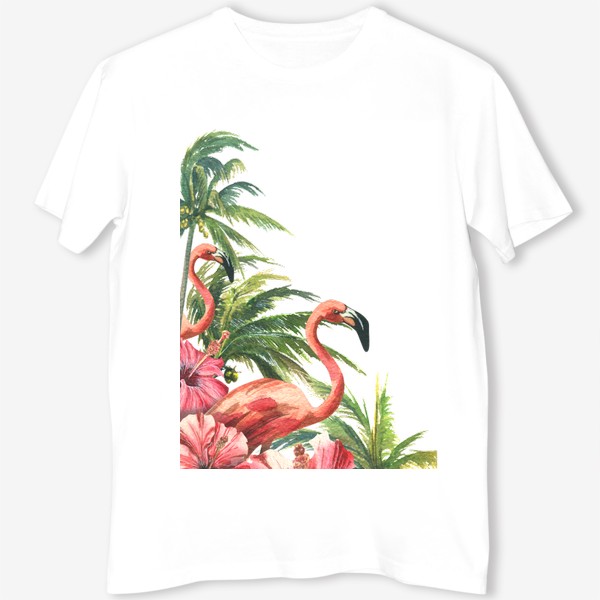 Футболка &laquo;Розовые фламинго в кокосовых пальмах с цветами гибискуса&raquo;