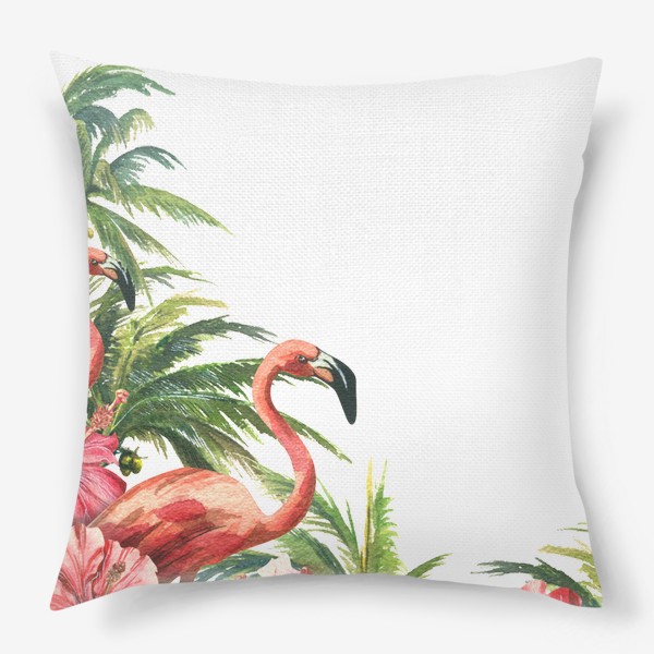 Подушка &laquo;Розовые фламинго в кокосовых пальмах с цветами гибискуса&raquo;