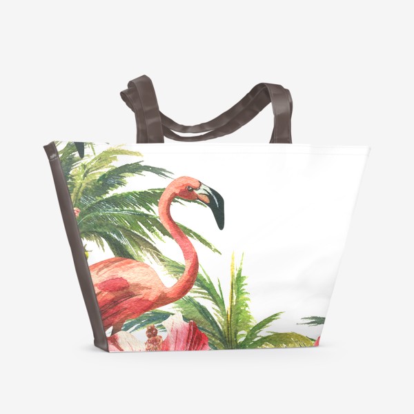 Пляжная сумка &laquo;Розовые фламинго в кокосовых пальмах с цветами гибискуса&raquo;