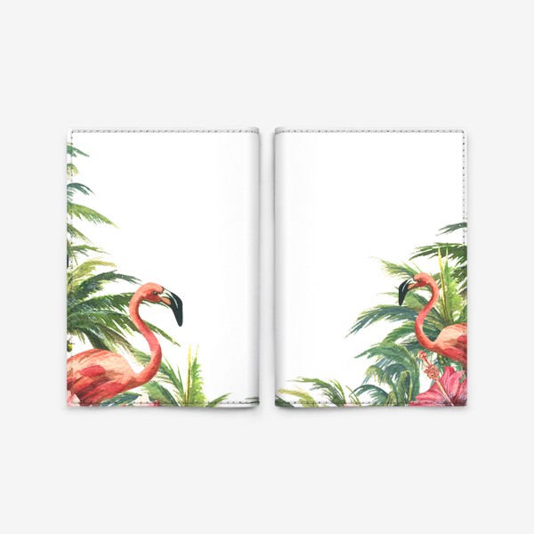 Обложка для паспорта «Розовые фламинго в кокосовых пальмах с цветами гибискуса»