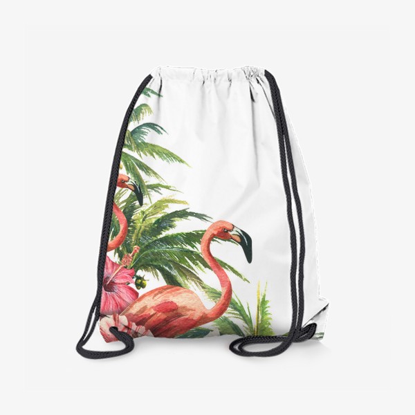 Рюкзак «Розовые фламинго в кокосовых пальмах с цветами гибискуса»