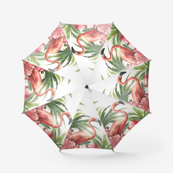 Зонт «Розовые фламинго в кокосовых пальмах с цветами гибискуса»