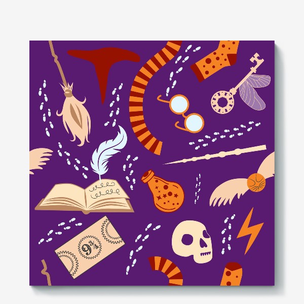Холст «Гарри Поттер узор оранжево-фиолетовый: шарф, волшебная палочка, череп, зелье, снитч, билет, метла, очки, ключ и др.»