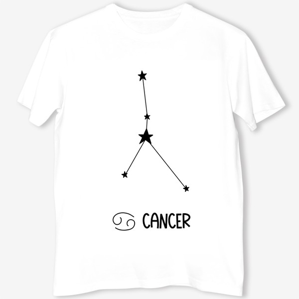 Футболка «рак созвездие с звездами и  надпись cancer  и знак знака зодиака, рисунок черной линией»