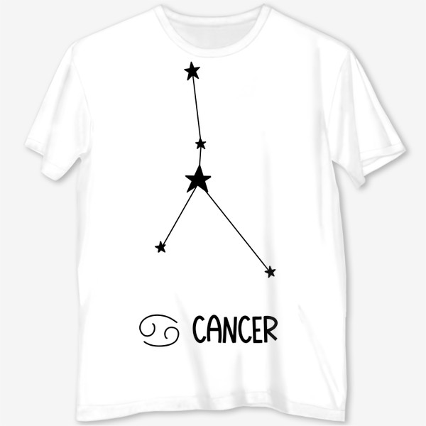 Футболка с полной запечаткой «рак созвездие с звездами и  надпись cancer  и знак знака зодиака, рисунок черной линией»