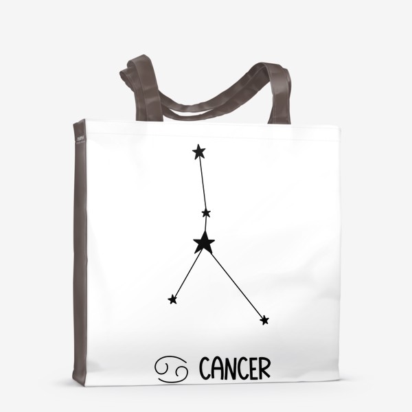 Сумка-шоппер &laquo;рак созвездие с звездами и  надпись cancer  и знак знака зодиака, рисунок черной линией&raquo;