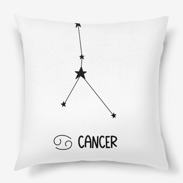Подушка «рак созвездие с звездами и  надпись cancer  и знак знака зодиака, рисунок черной линией»