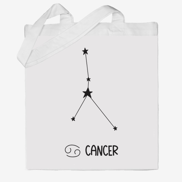 Сумка хб «рак созвездие с звездами и  надпись cancer  и знак знака зодиака, рисунок черной линией»