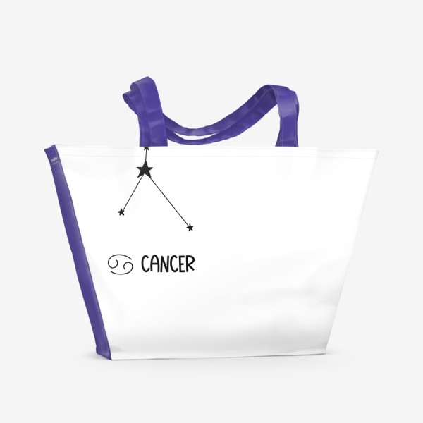 Пляжная сумка &laquo;рак созвездие с звездами и  надпись cancer  и знак знака зодиака, рисунок черной линией&raquo;