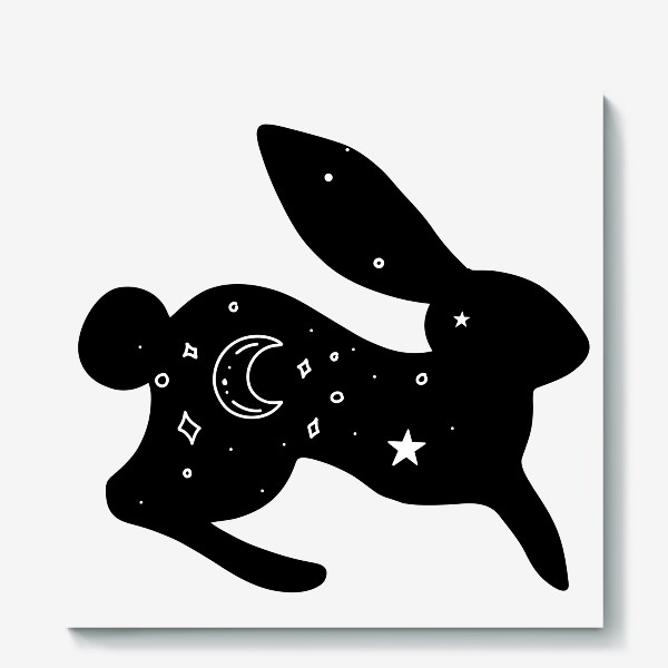Холст «заяц с луной и звездами. магический кролик с ночным небом на черном силуэте»