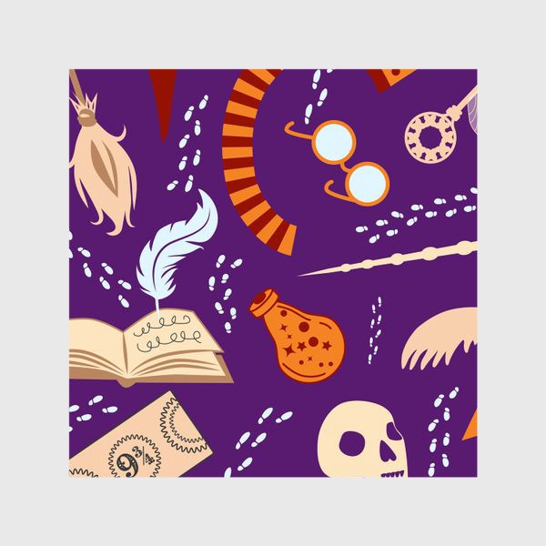 Шторы «Гарри Поттер узор оранжево-фиолетовый: шарф, волшебная палочка, череп, зелье, снитч, билет, метла, очки, ключ и др.»