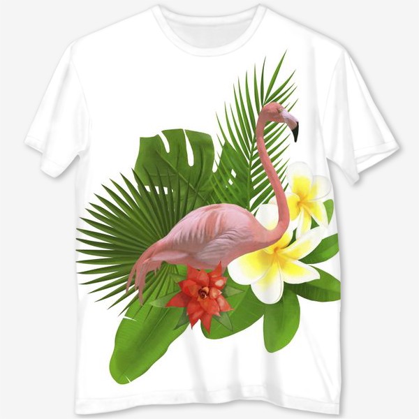 Футболка с полной запечаткой «Розовый фламинго в пальмовых листах»