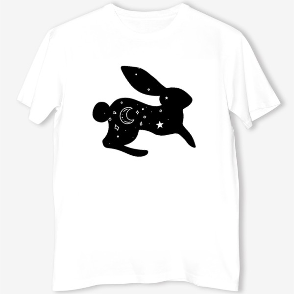 Футболка «заяц с луной и звездами. магический кролик с ночным небом на черном силуэте»