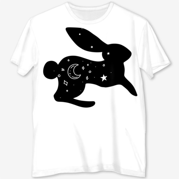 Футболка с полной запечаткой «заяц с луной и звездами. магический кролик с ночным небом на черном силуэте»