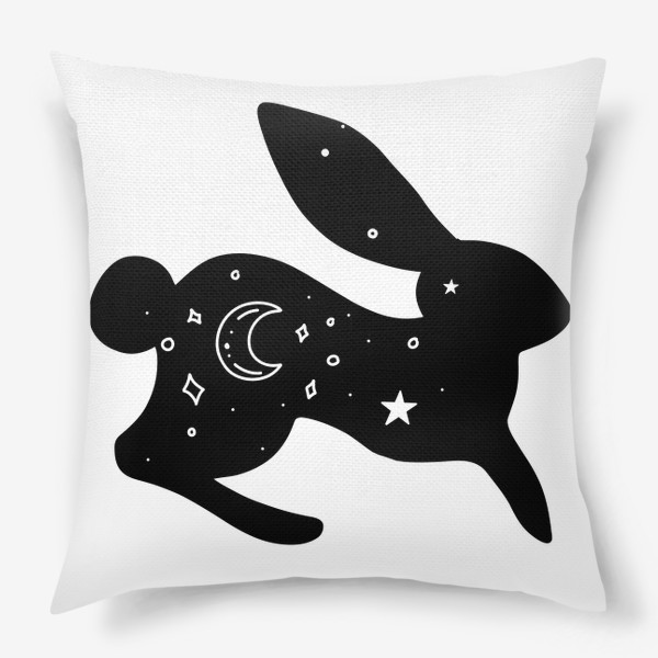 Подушка «заяц с луной и звездами. магический кролик с ночным небом на черном силуэте»