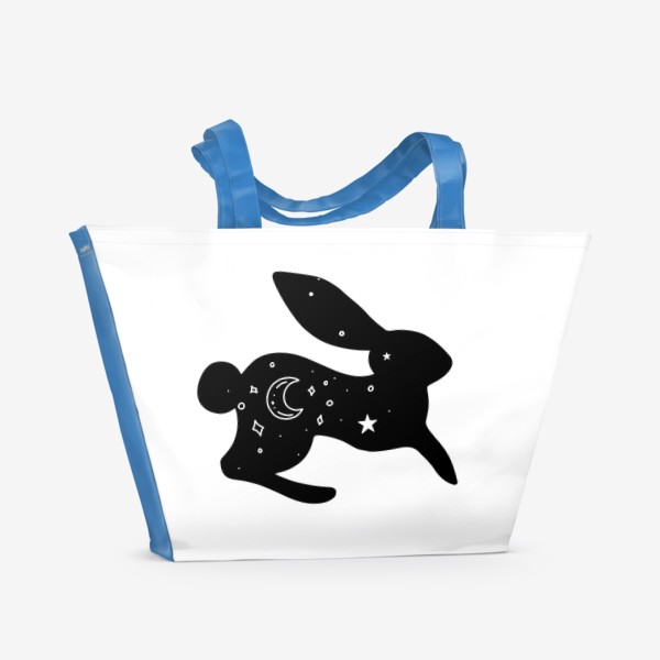 Пляжная сумка «заяц с луной и звездами. магический кролик с ночным небом на черном силуэте»