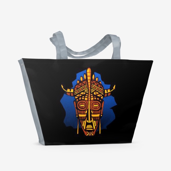 Пляжная сумка «Африканская маска 3. Тотем. Этнический принт на черном фоне»