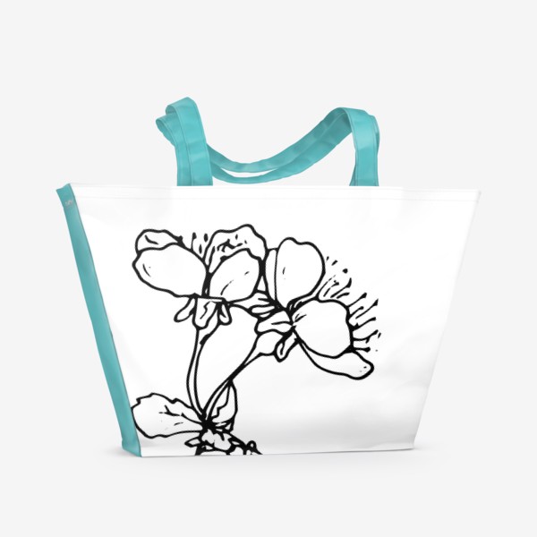 Пляжная сумка «цветы вишни. два цветка весеннего дерева, сбоку скетч черная линия»