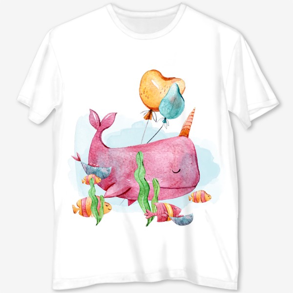 Футболка с полной запечаткой «Акварельный кит. Милая иллюстрация для принта. Детский принт на футболку»
