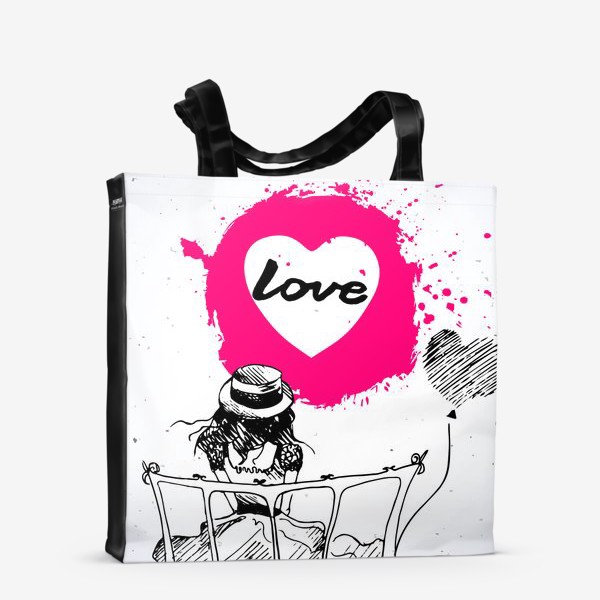 Сумка-шоппер «Девушка на фоне розового сердца. Надпись Love»