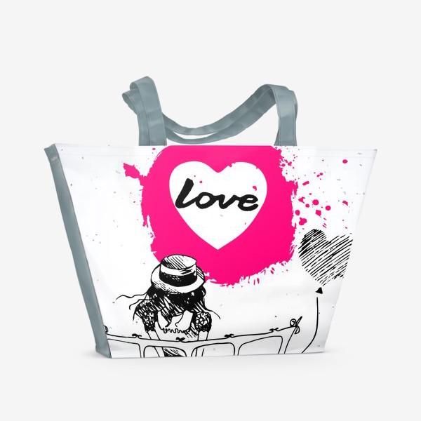 Пляжная сумка «Девушка на фоне розового сердца. Надпись Love»