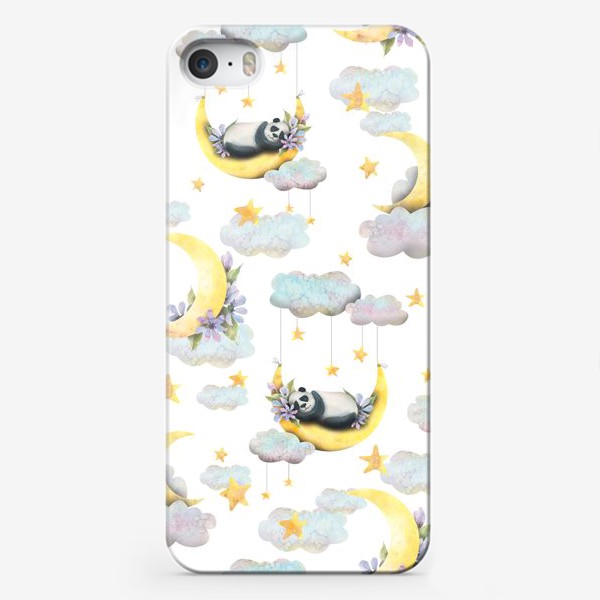 Чехол iPhone «Медвежата панды на облаках с месяцем и звездами. Детский паттерн. Акварельный.»