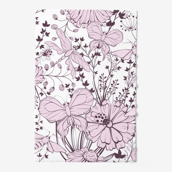 Полотенце «Бабочки стрекозы мотыльки на лугу в розовом цвете»
