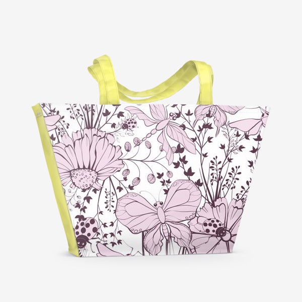 Пляжная сумка «Бабочки стрекозы мотыльки на лугу в розовом цвете»