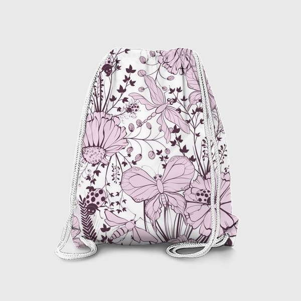 Рюкзак «Бабочки стрекозы мотыльки на лугу в розовом цвете»